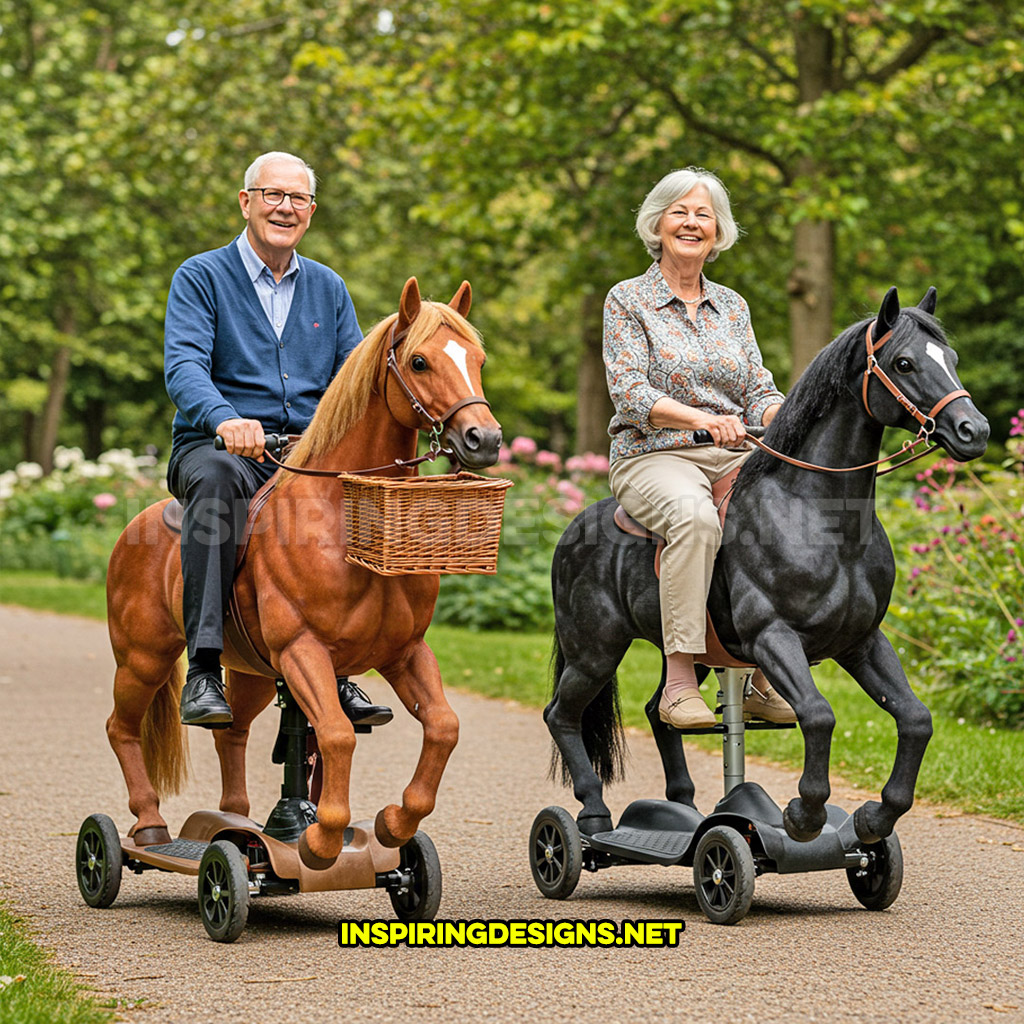 Two horse mobility scooters in a black and brown color design with baskets in a park