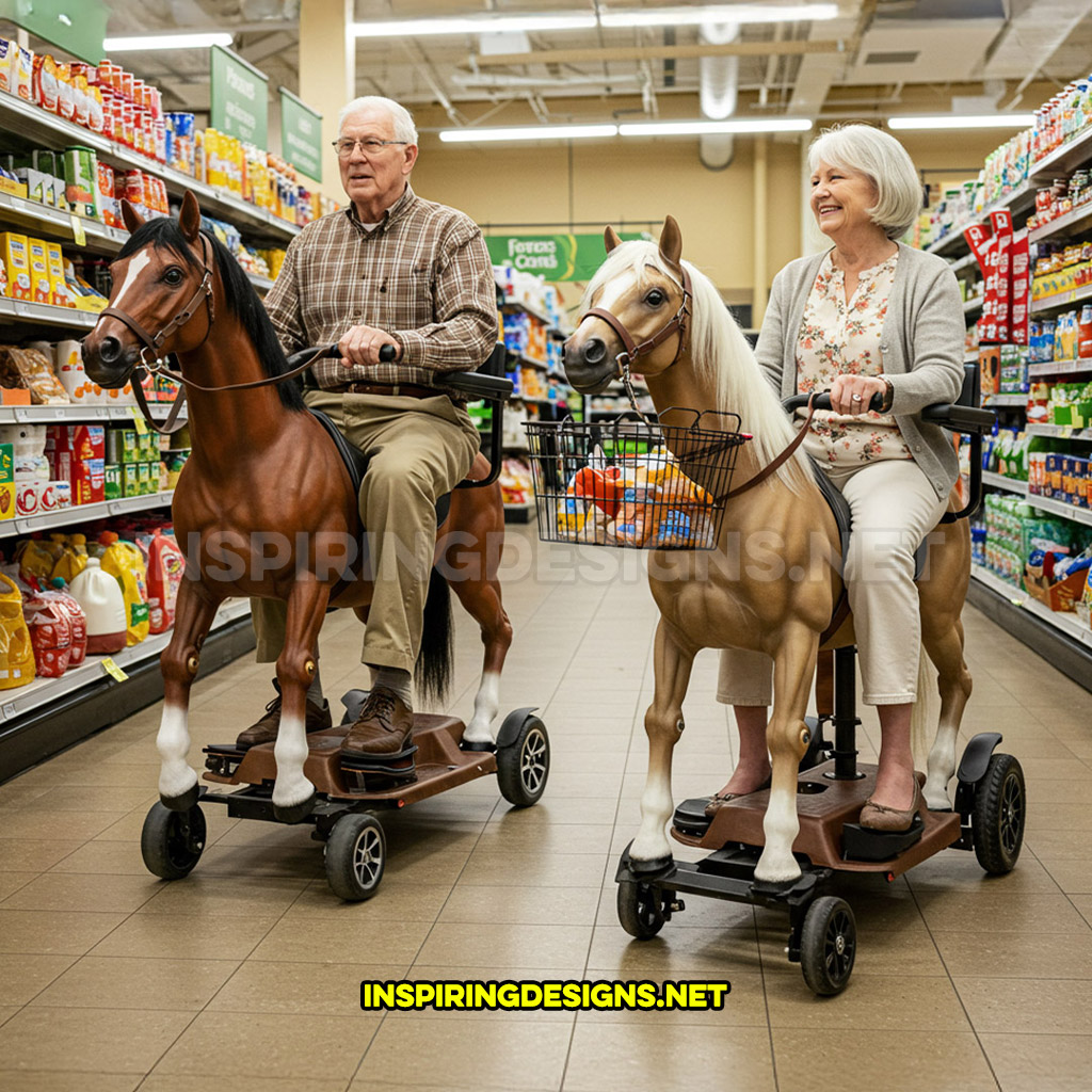 Two horse mobility scooters in a black and light brown color design with baskets in a grocery store