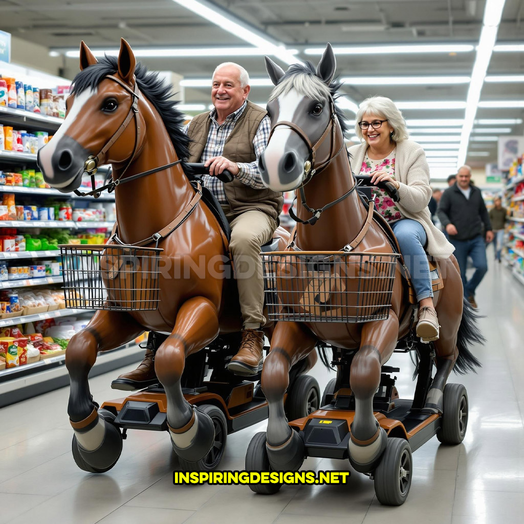 Two horse mobility scooters in a dual brown color design with baskets at a grocery store