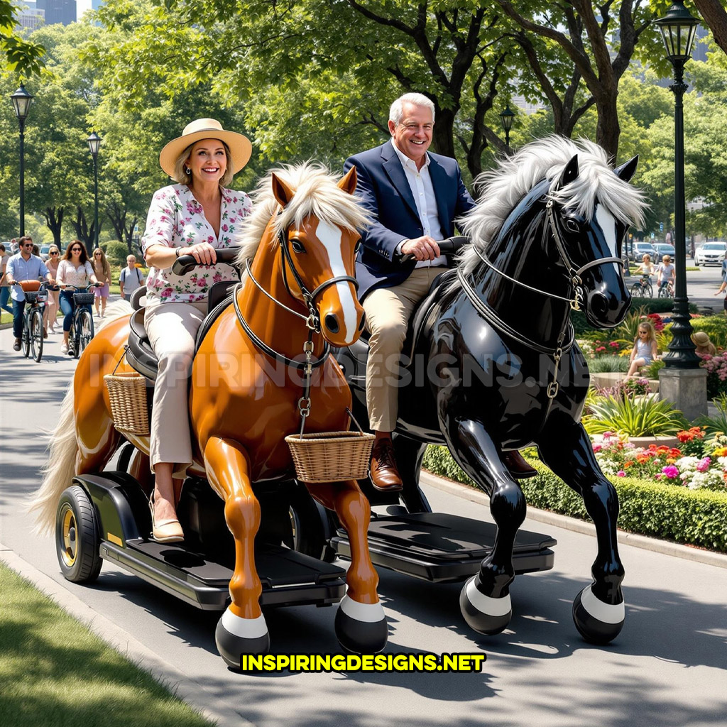 Two horse mobility scooters in a black and brown color design with baskets at a park