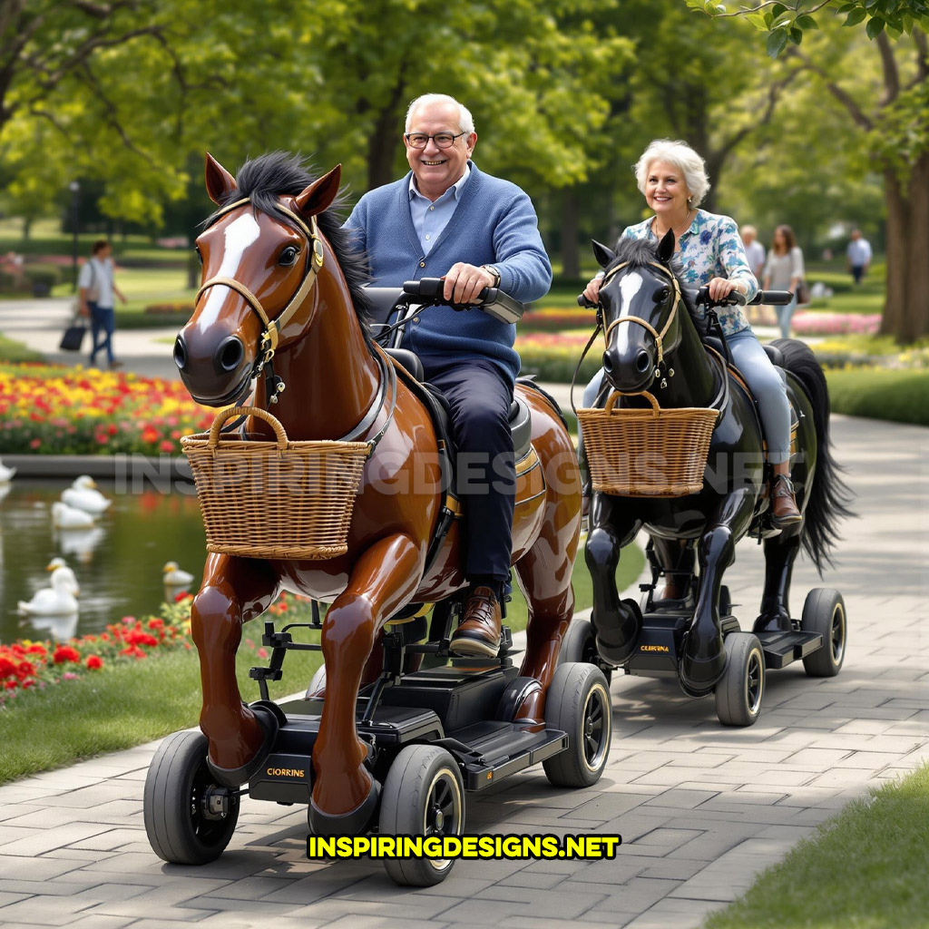 Two horse mobility scooters in a black and brown color design with baskets