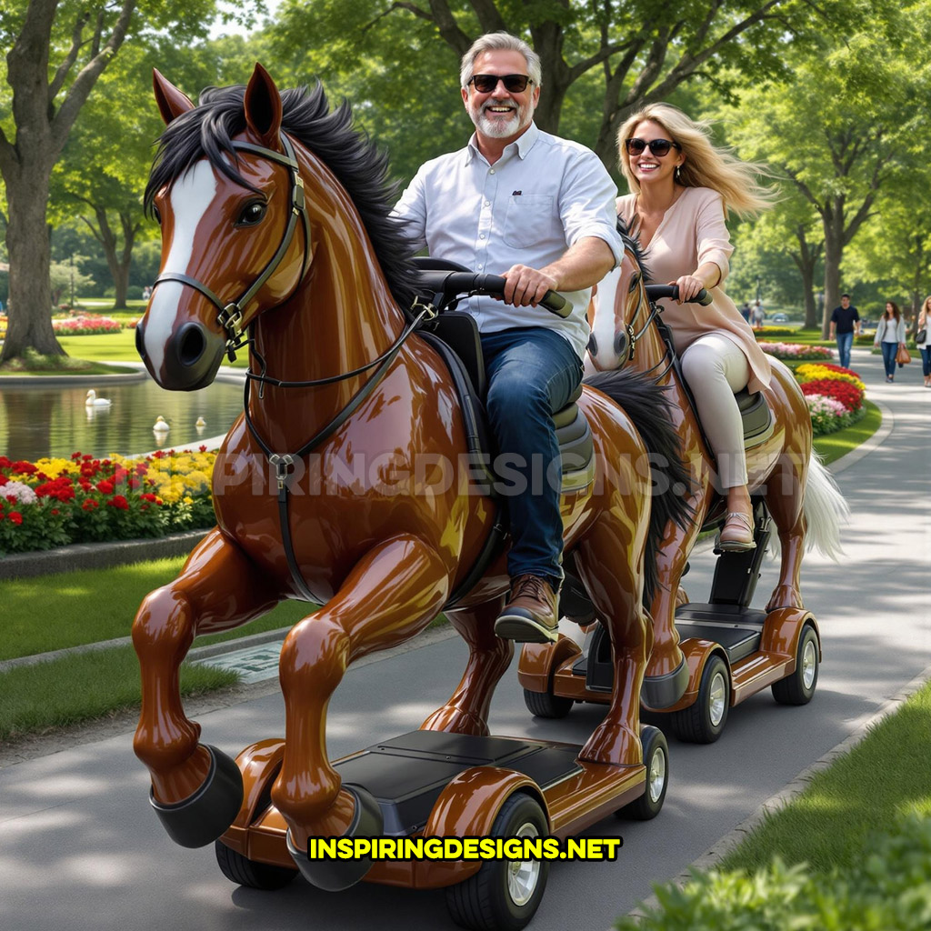 Two horse mobility scooters in a dual brown color design at a park