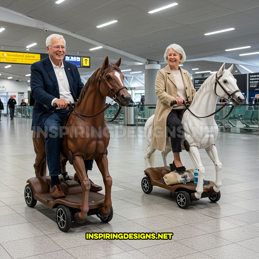 Two horse mobility scooters in a white and brown color design at an airport