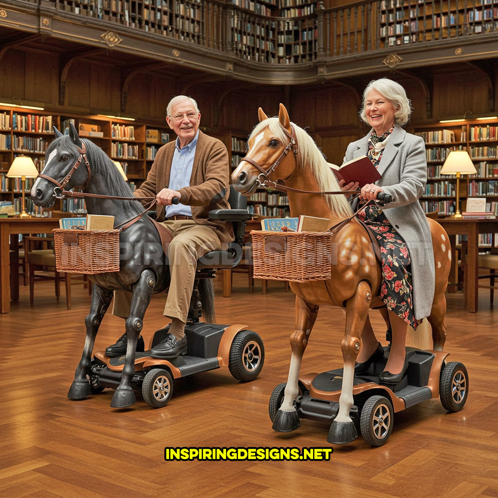 Two horse mobility scooters in a black and brown color design at a library