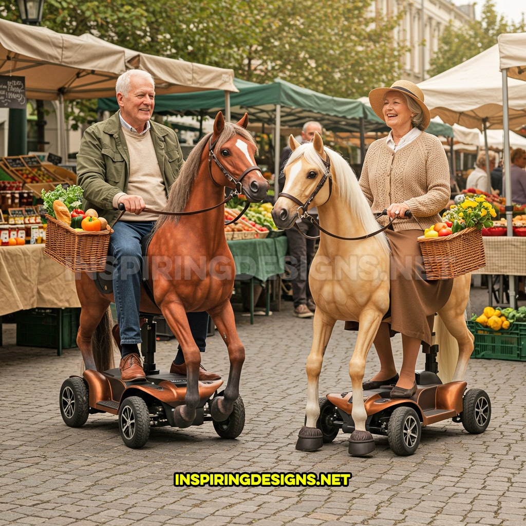 Two horse mobility scooters in a beige and brown color design with baskets at a farmers market