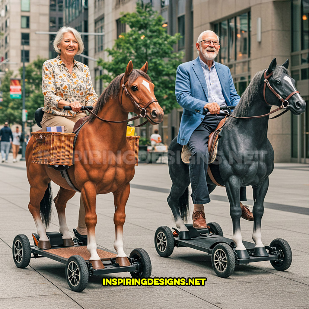 Two horse mobility scooters in a black and brown color design with baskets