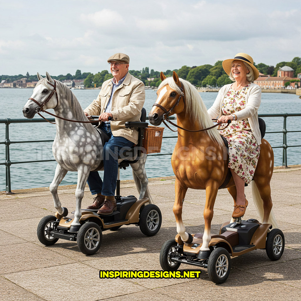 Two horse mobility scooters in a white and brown color design with baskets near a lake