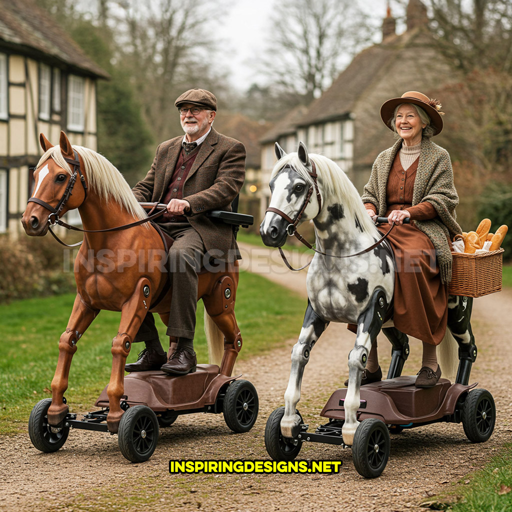 Two horse mobility scooters in a white and brown color design with baskets in an English village