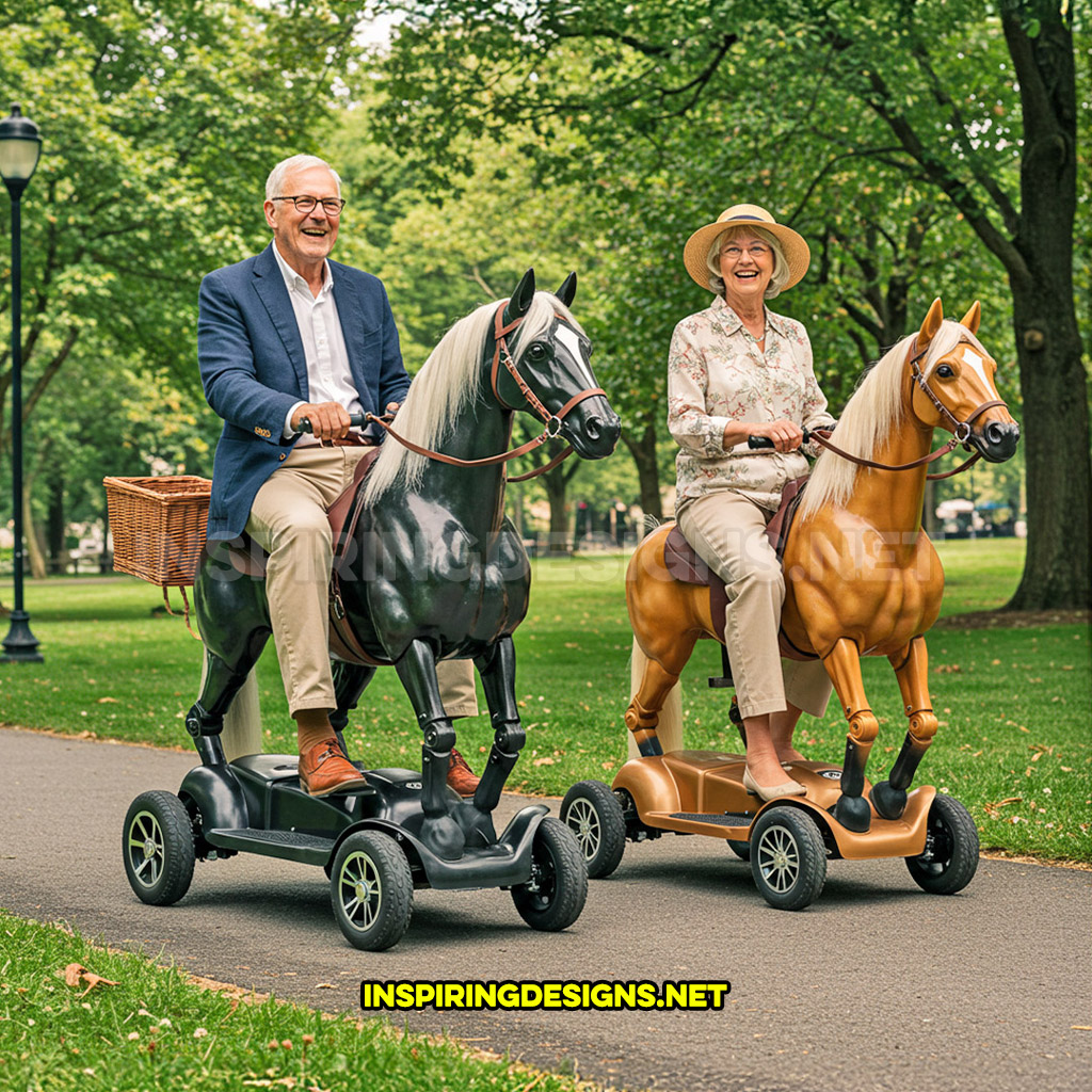 Two horse mobility scooters in a black and brown color design with baskets in a park