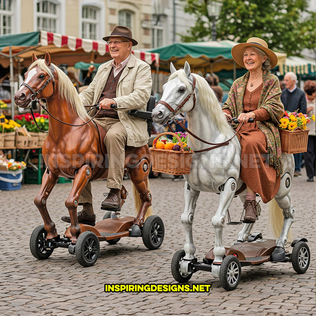 Two horse mobility scooters in a white and brown color design with baskets at a farmers market