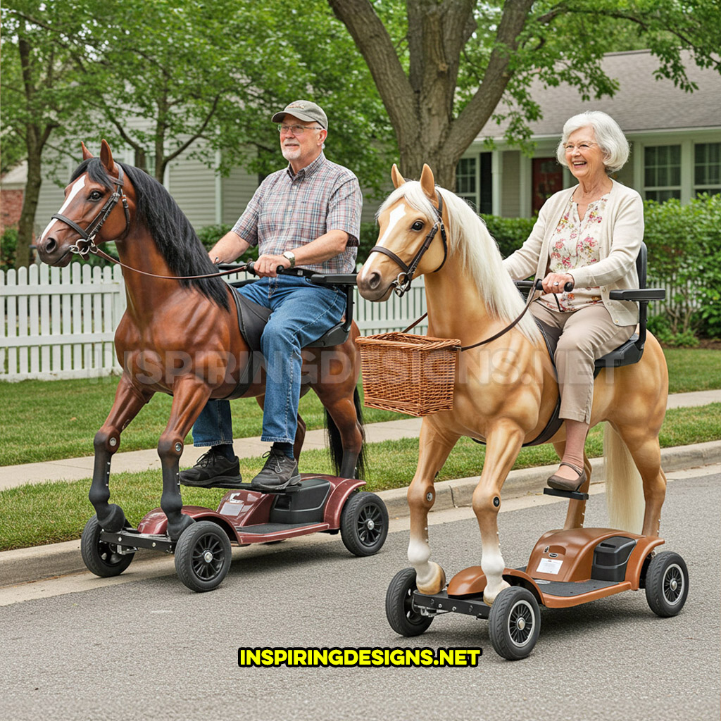 Two horse mobility scooters in a light brown and brown color design in a neighborhood