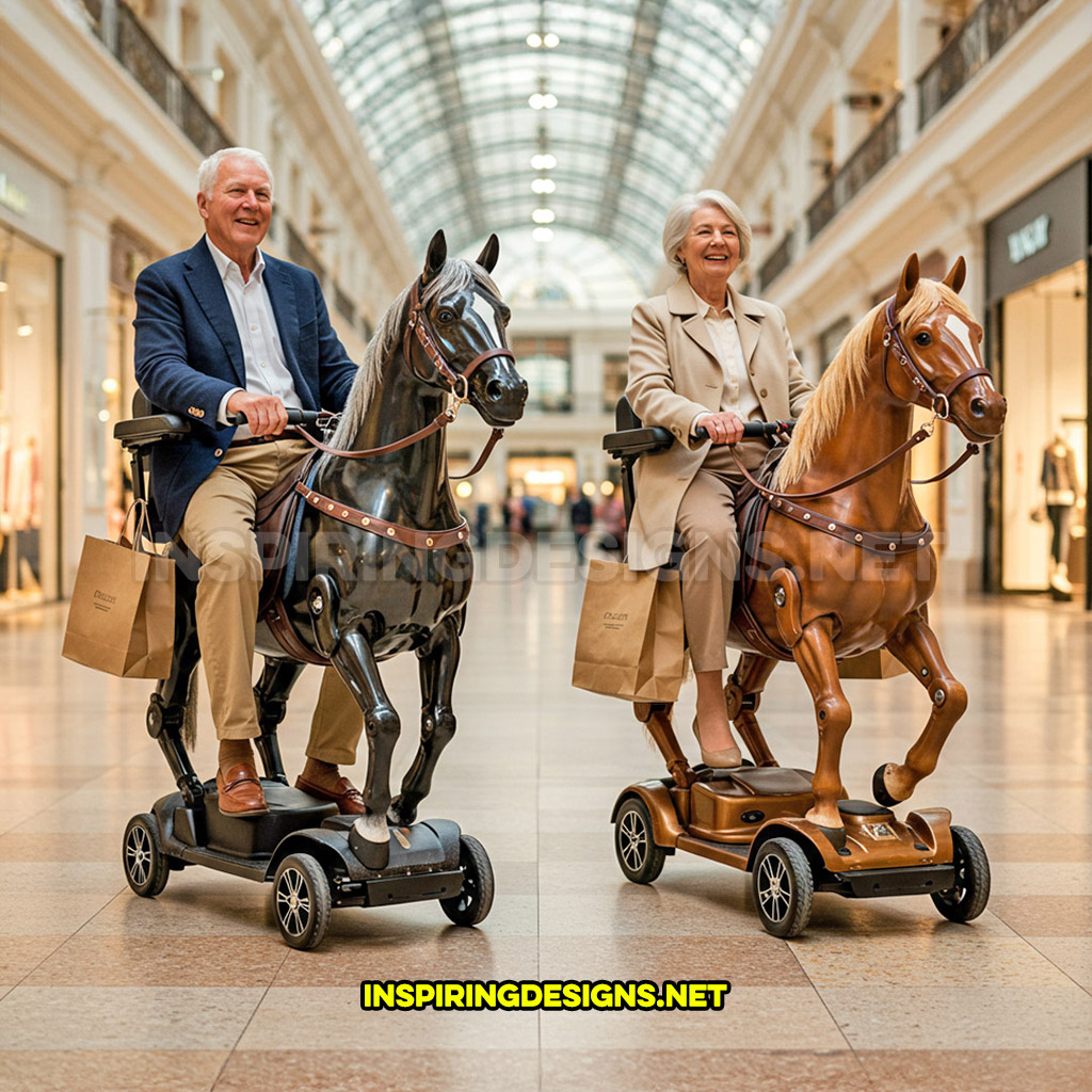 Two electric horse mobility scooters in a black and brown color design