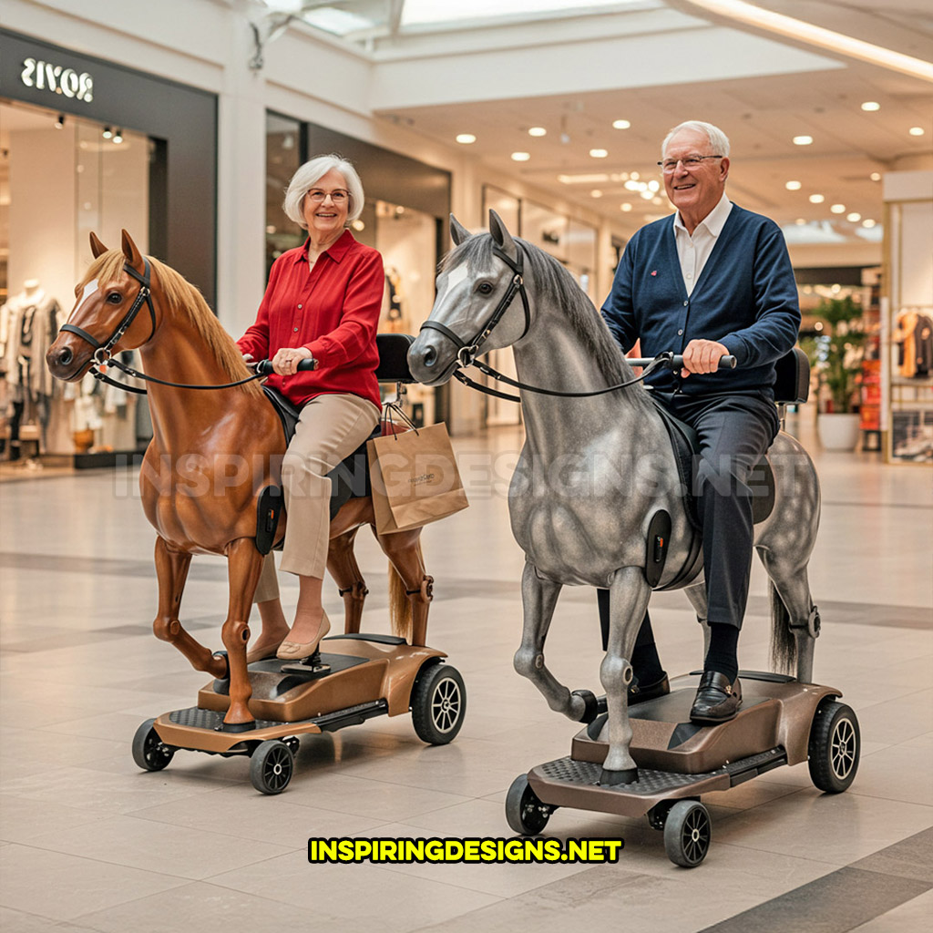 Two horse mobility scooters in a grey and brown color design at a mall