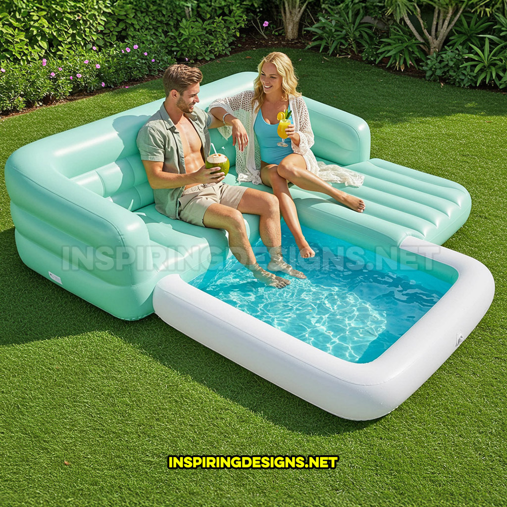 inflatable sofa pool in a baby blue and white color design