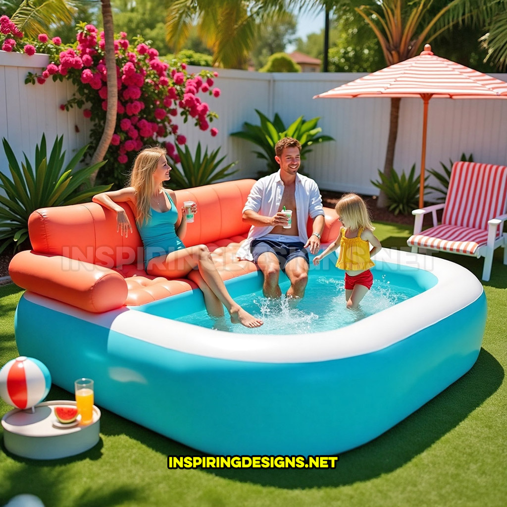 inflatable sofa pool in a red, blue, and white color design