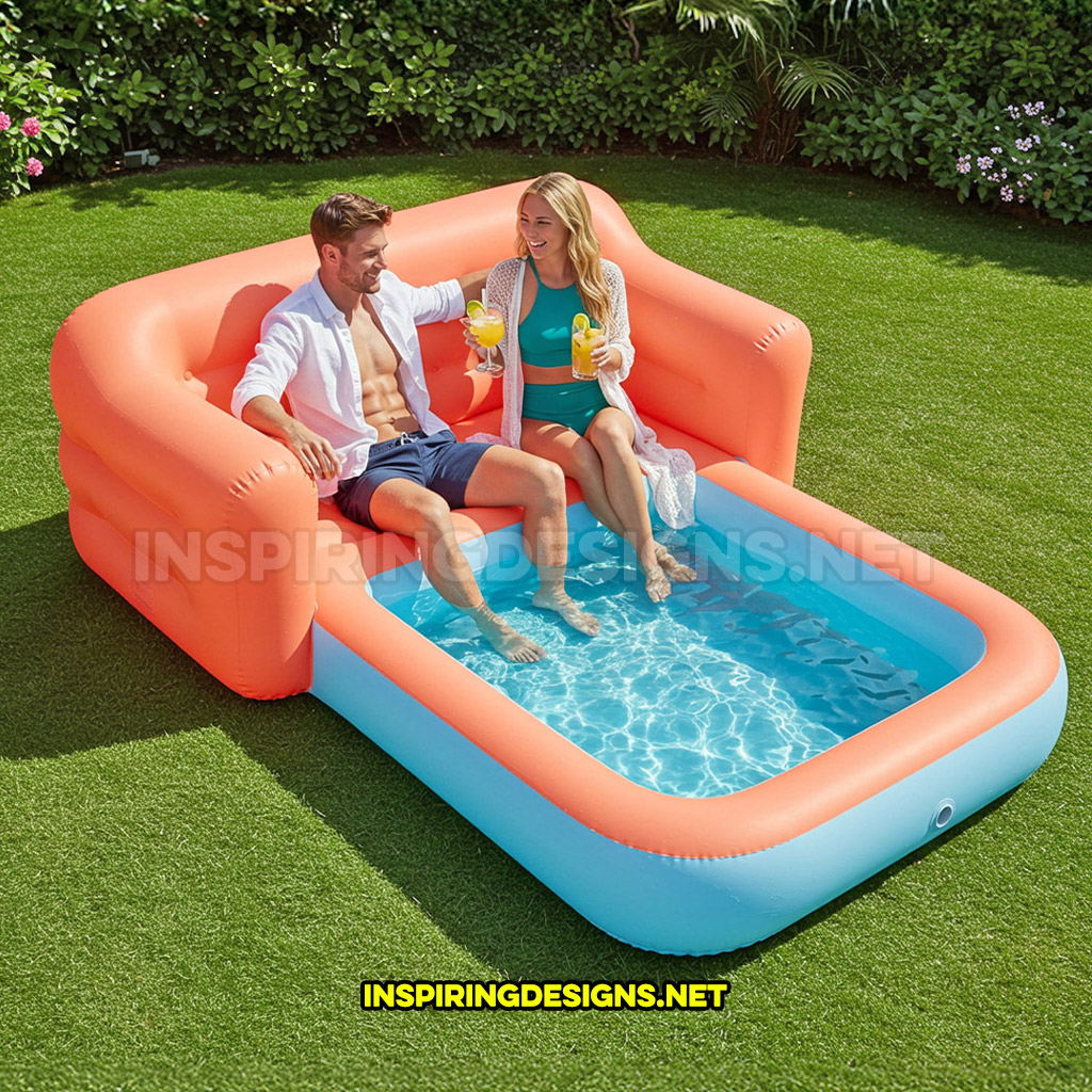 inflatable sofa pool in a peach and blue color design