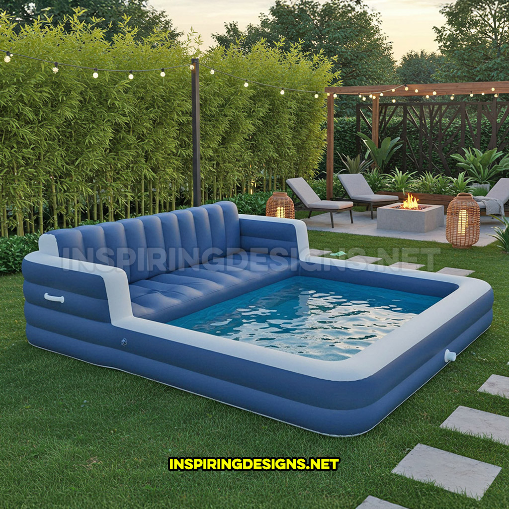 inflatable sofa pool in a navy blue and white color design