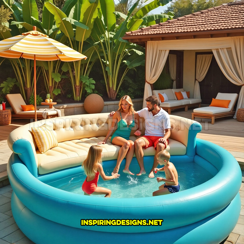 inflatable sofa pool in a cream and baby blue color design