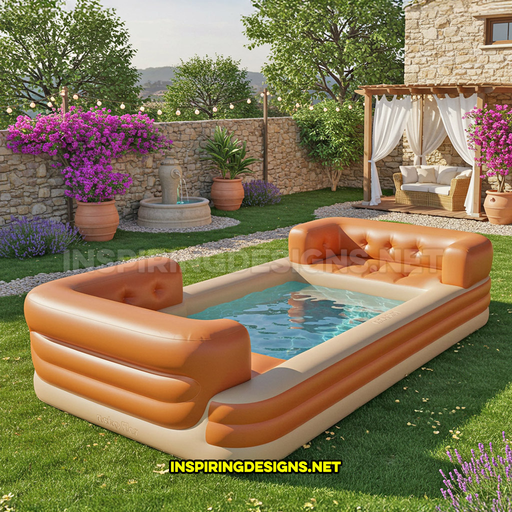 inflatable sofa pool in a orange and cream color design