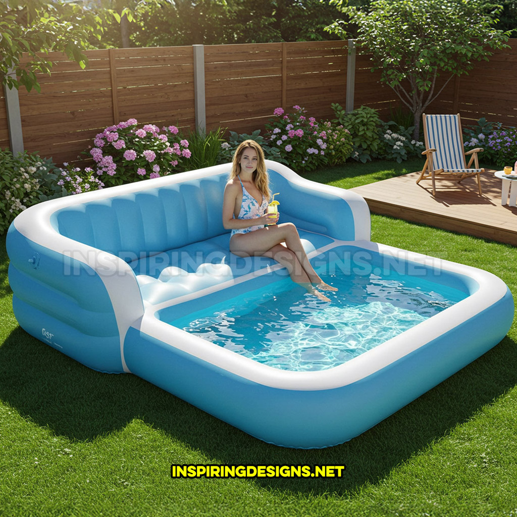 inflatable sofa pool in a light blue and white color design