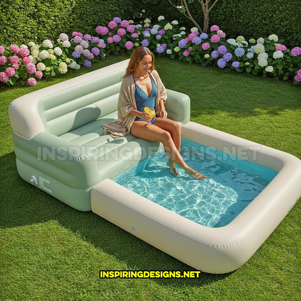 inflatable sofa pool in a green and cream color design