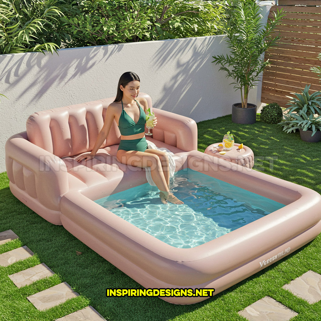 inflatable sofa pool in a pink color design