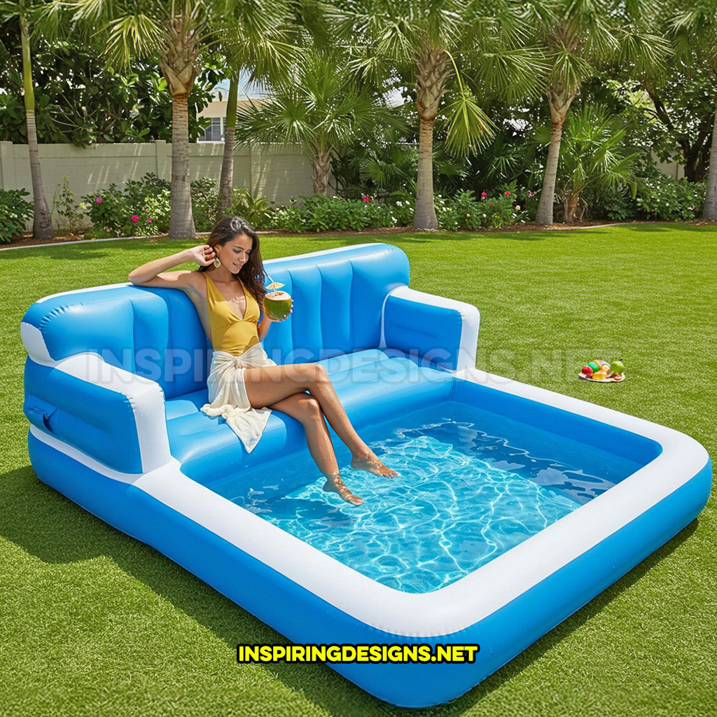 inflatable sofa pool in a blue and white color design