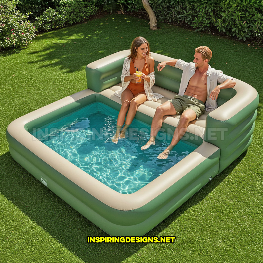 inflatable sofa pool in a green and cream color design