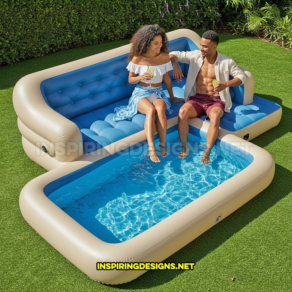 inflatable sofa pool in a blue and cream color design