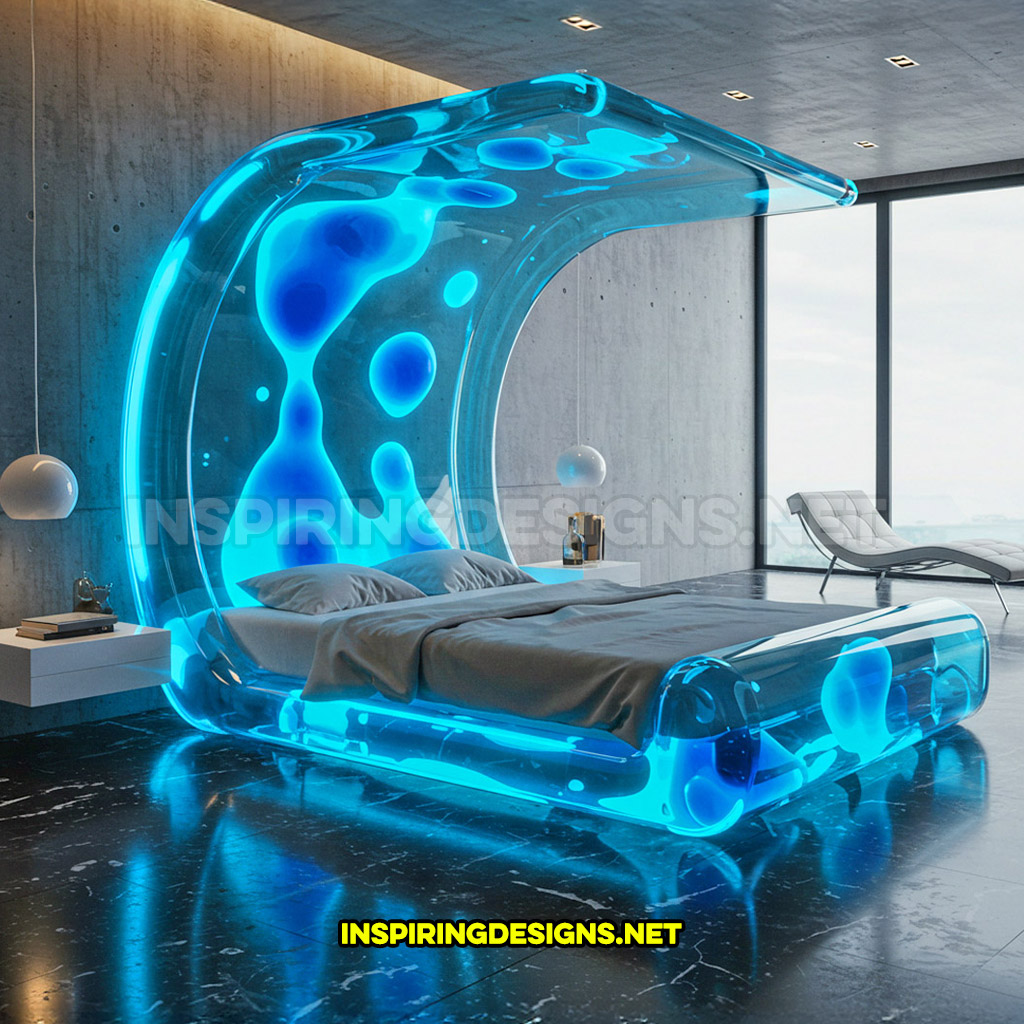 lava lamp bed in a blue curved overhead design