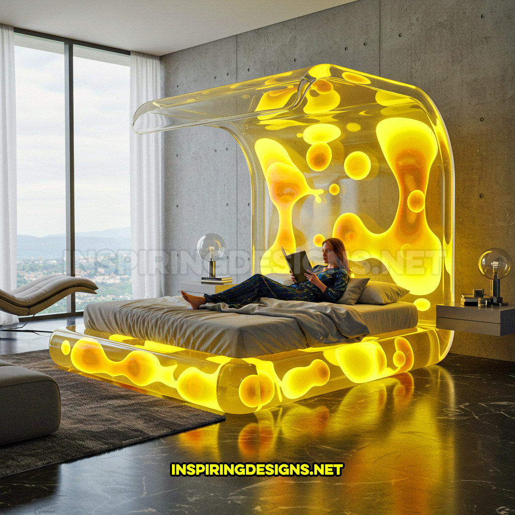 A lava lamp bed in a yellow overhead design