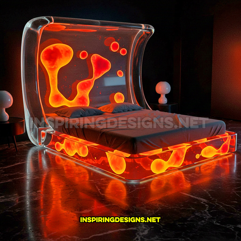 A lava lamp bed in a red and orange half headboard design