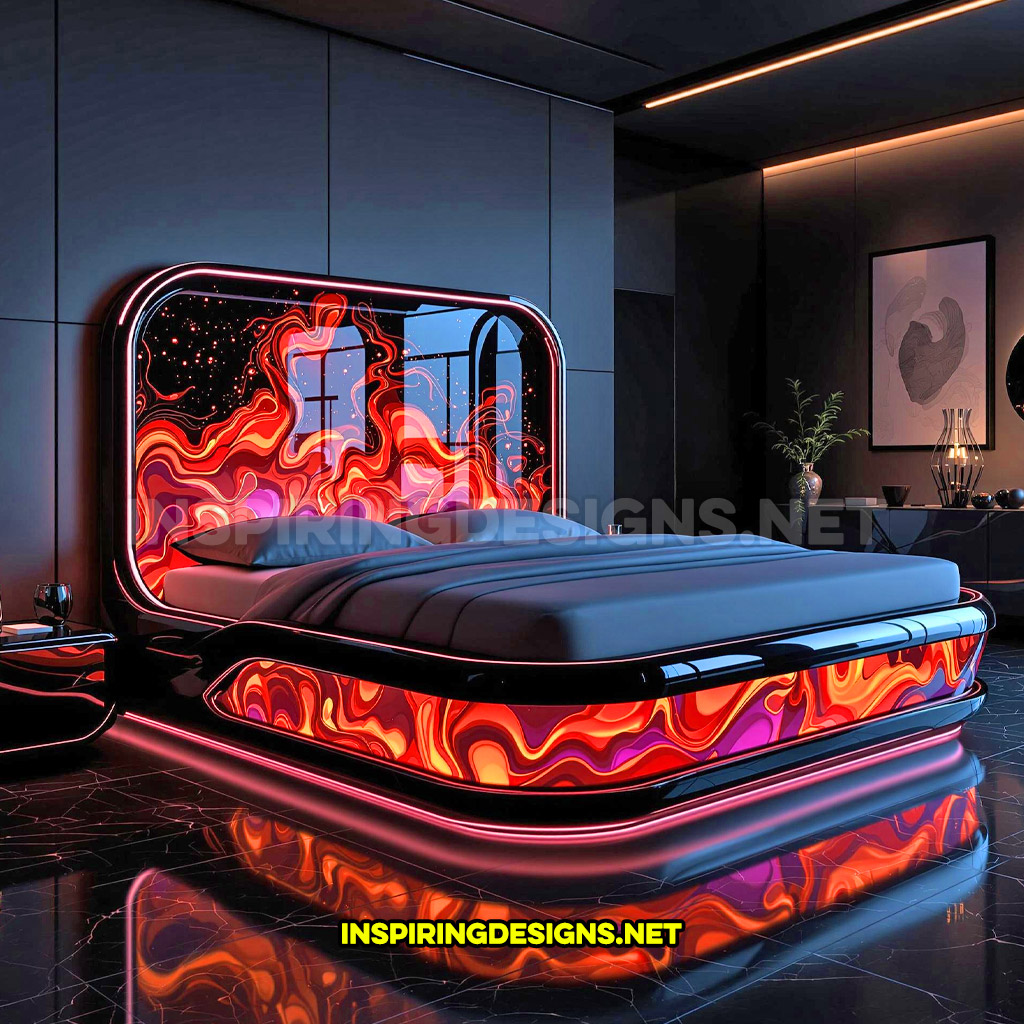 A lava lamp bed in a red and orange half headboard design