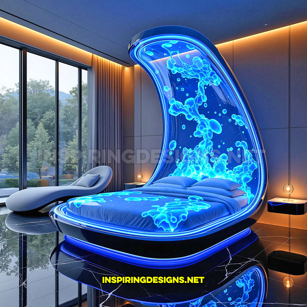 A lava lamp bed in a blue curved overhead design