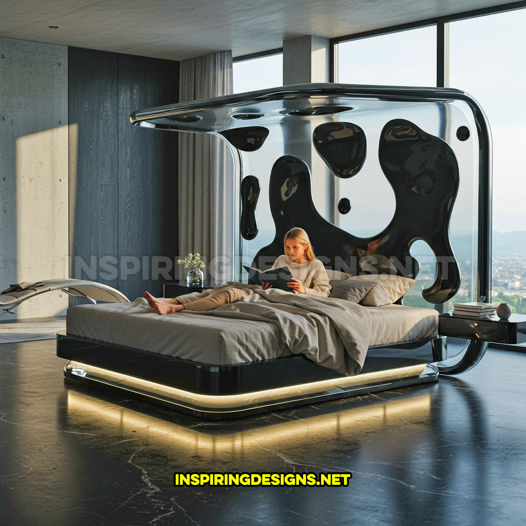 A lava lamp bed in a black overhead design