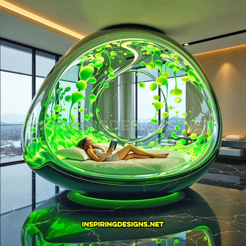 A lava lamp bed in a green circular design