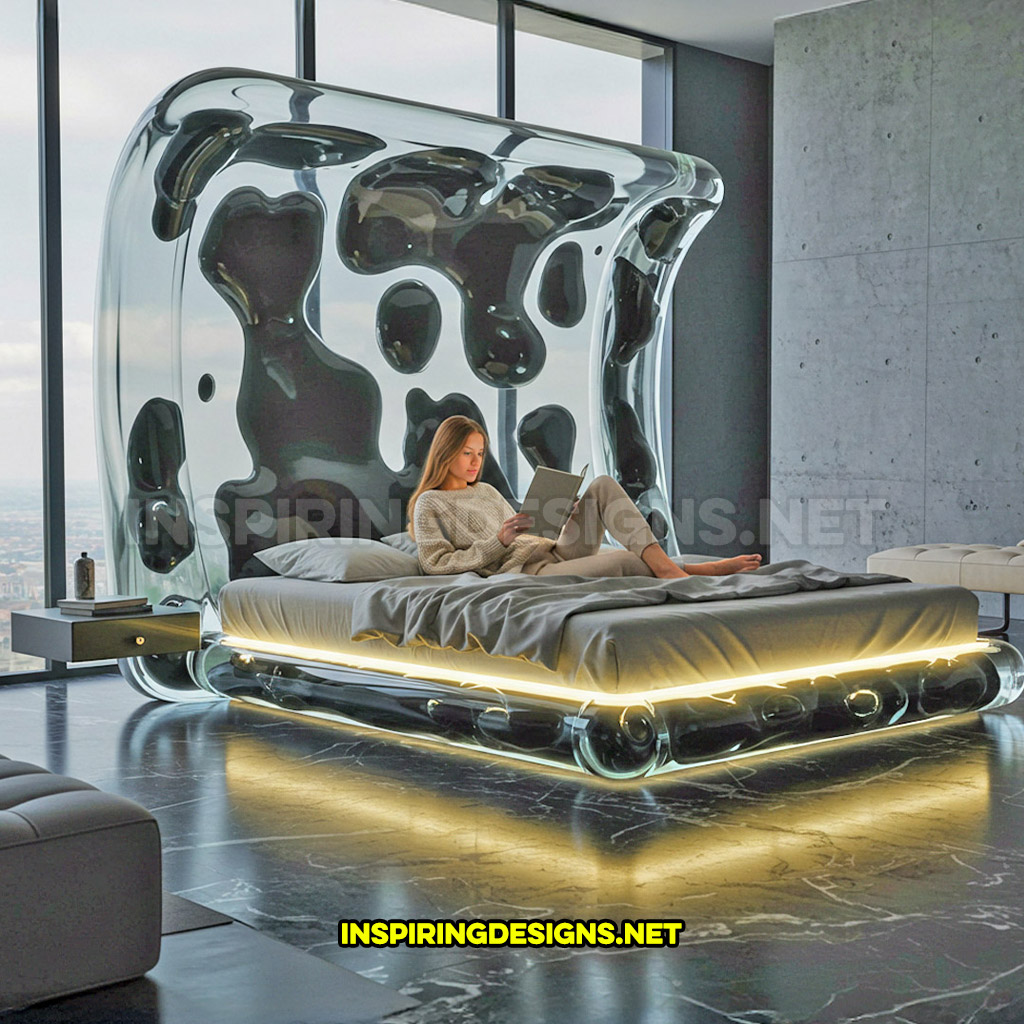 lava lamp bed in a black curved headboard design