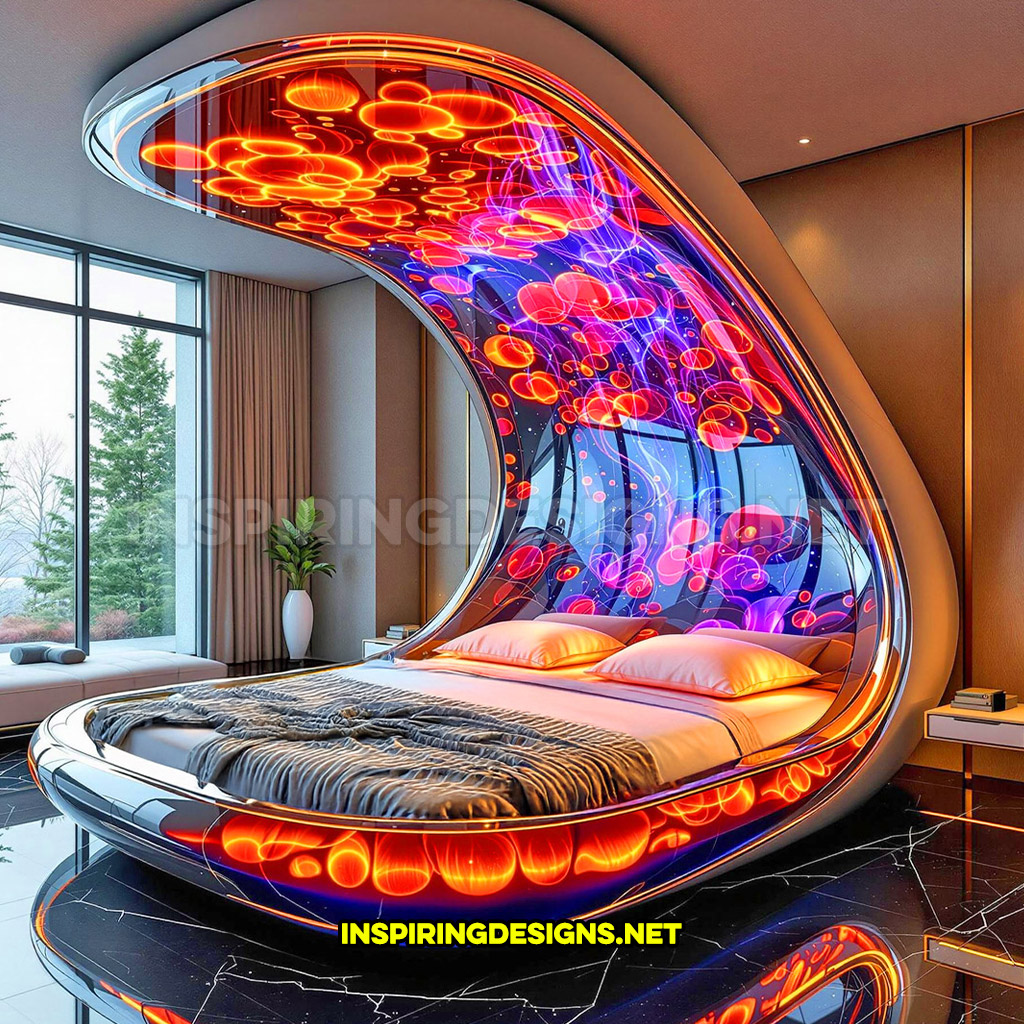 lava lamp bed in a blue and red overhead design