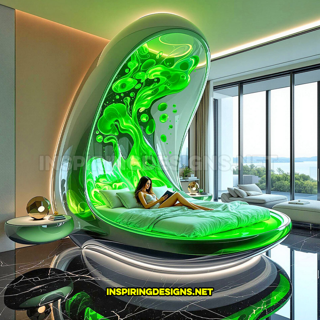 lava lamp bed in a green overhead design