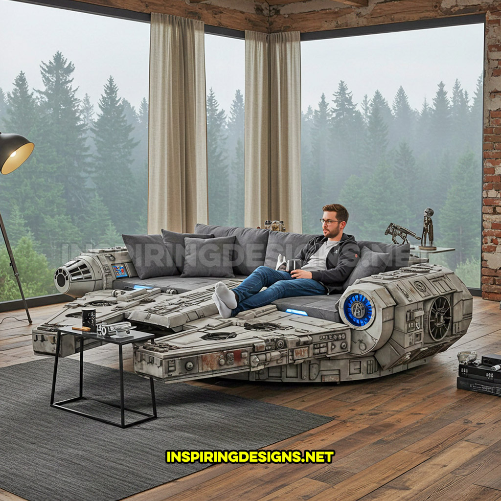 Millennium Falcon sofa with extendable coffee table wings