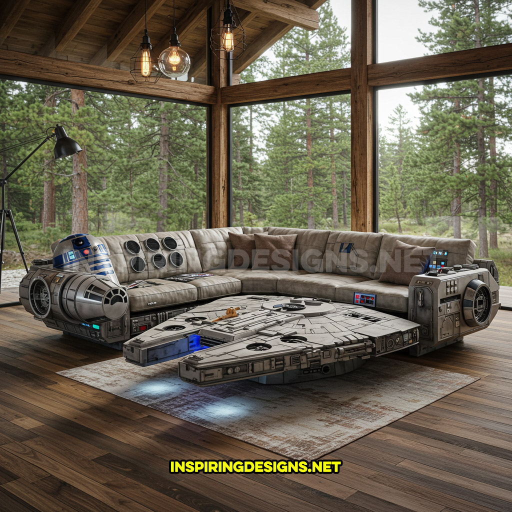 Millennium Falcon sofa with separated coffee table wings