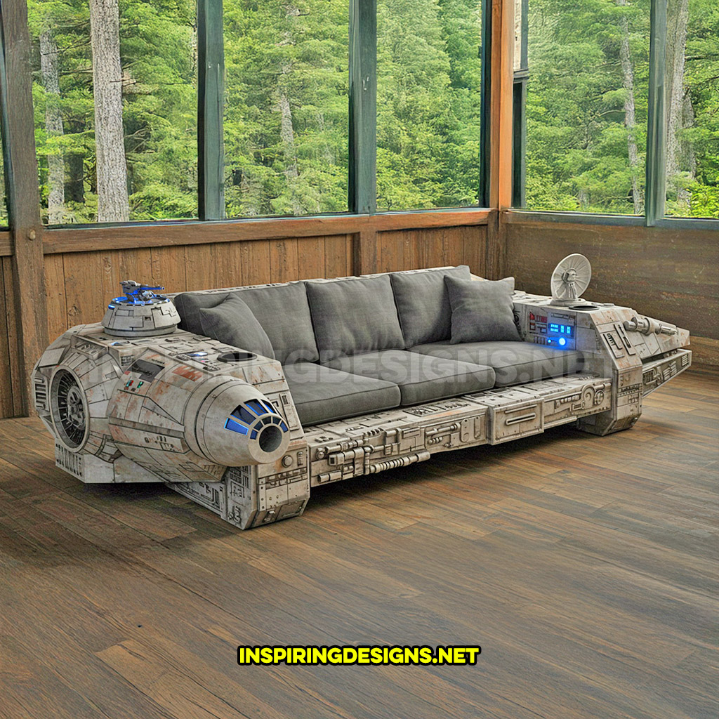 Millennium Falcon sofa with extendable coffee table wings retracted into base