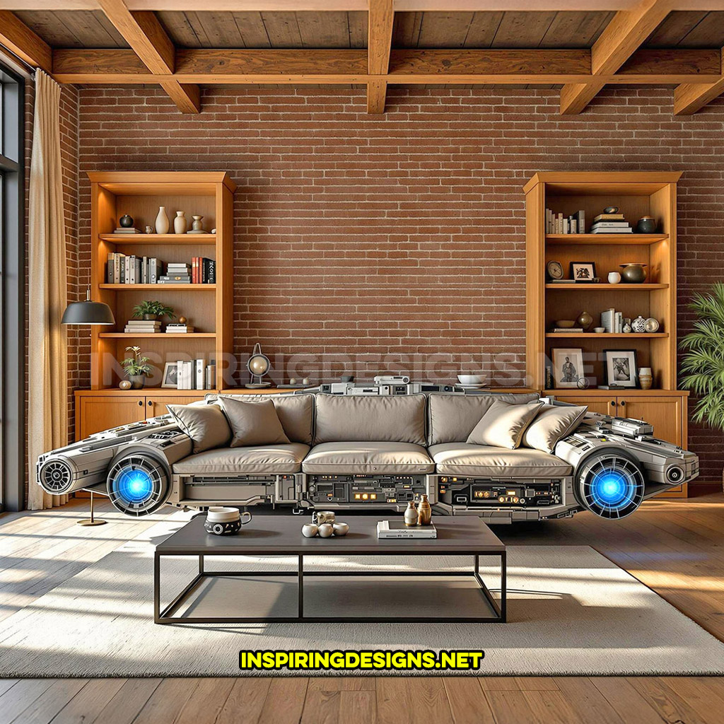 Millennium Falcon sofa with extendable coffee table wings retracted into base