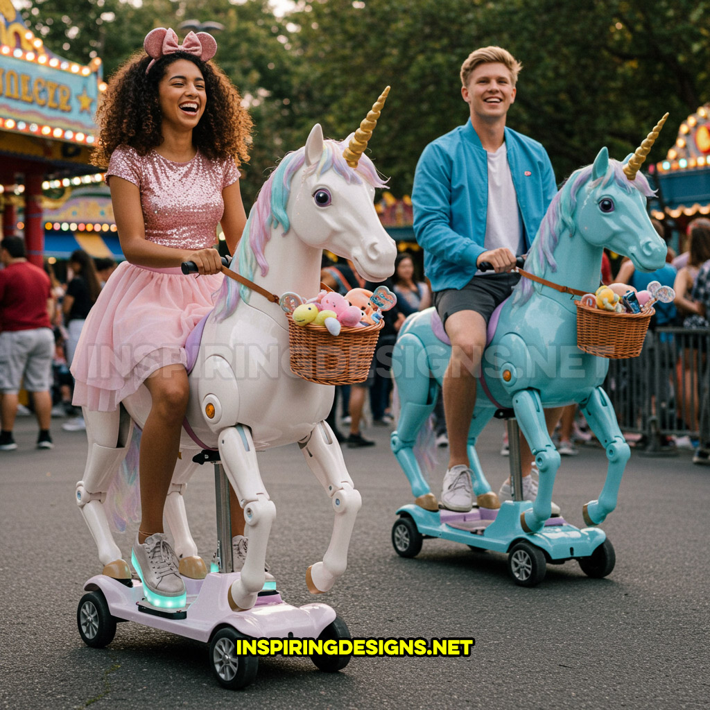 Two unicorn mobility scooters in white and blue colors at a carnival