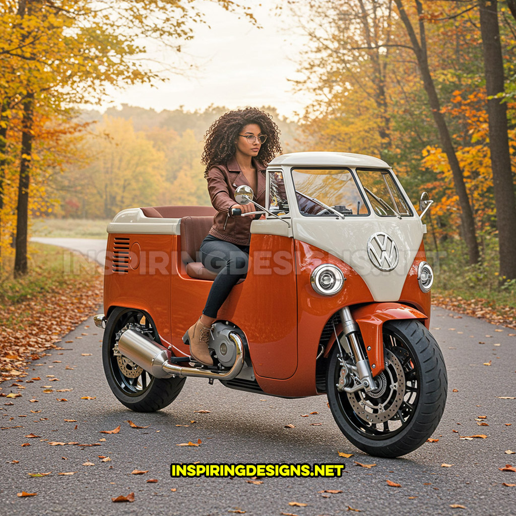 Volkswagen bus motorcycle in an orange and white color design