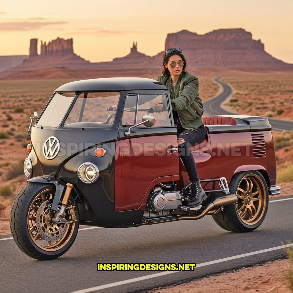 Volkswagen bus motorcycle in a maroon and black color design