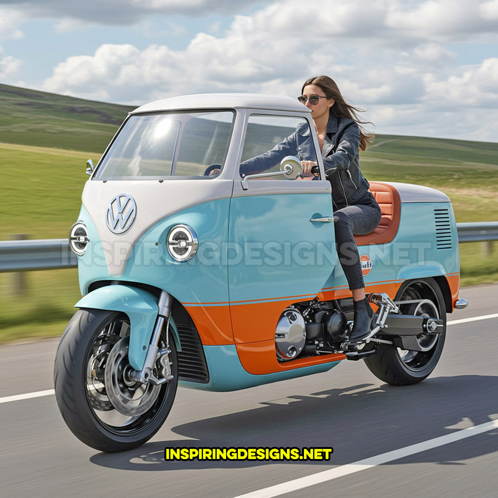 Volkswagen bus motorcycle in a baby blue, orange and white color design