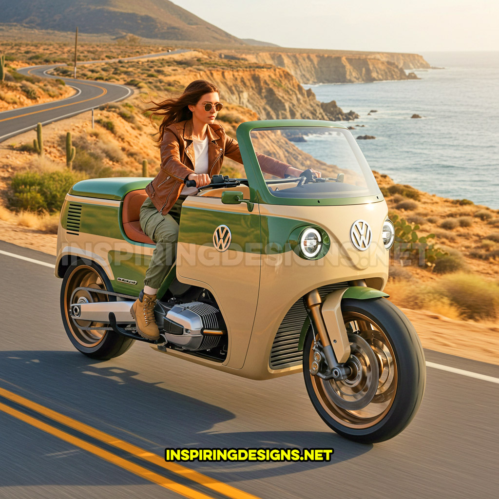 Volkswagen bus motorcycle in a green and cream color design