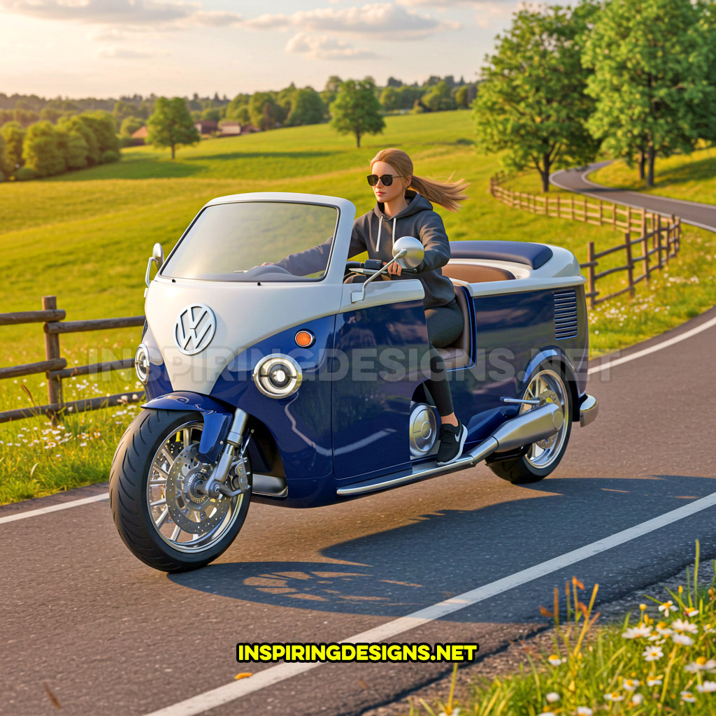 Volkswagen bus motorcycle in a blue and white color design