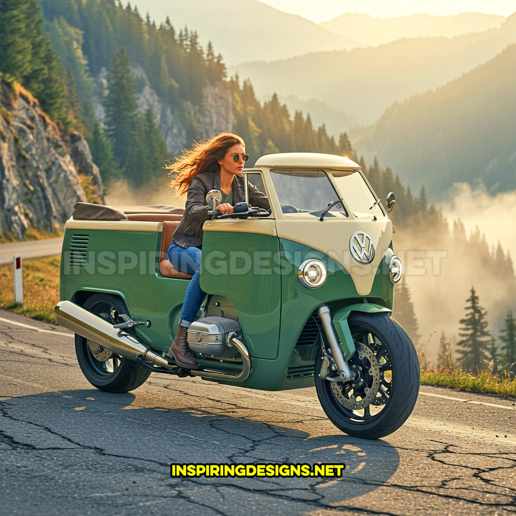 Volkswagen bus motorcycle in a forest green and cream color design